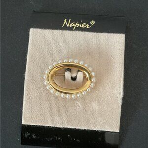 Napier Gold-Tone Oval Brooch With Faux Pearl Accents